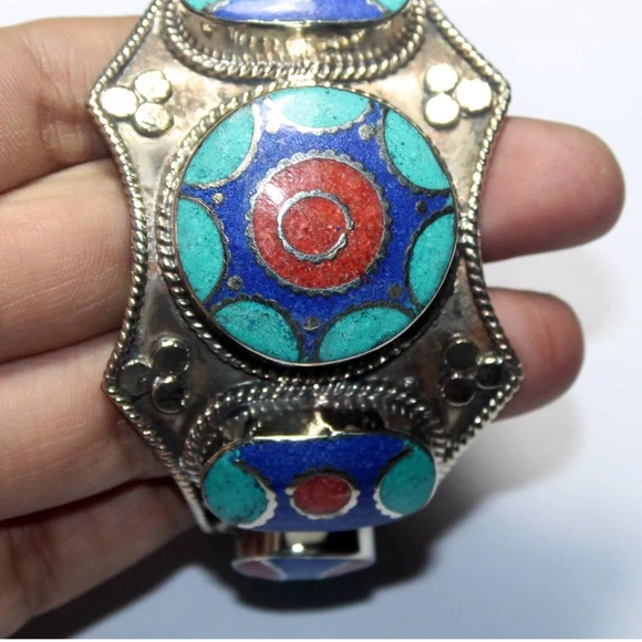 Handcrafted Tibetan turquoise coral lapis silver wide chunky cuff UNISEX - Picture 1 of 2